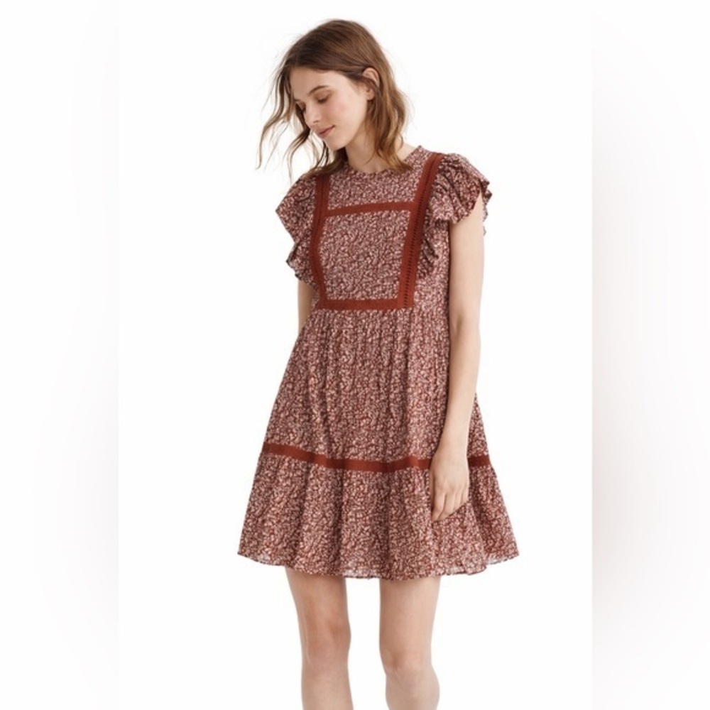 Madewell Floral Flutter-Sleeve Mini Dress Womens Large Cottage Garden Rust Brown